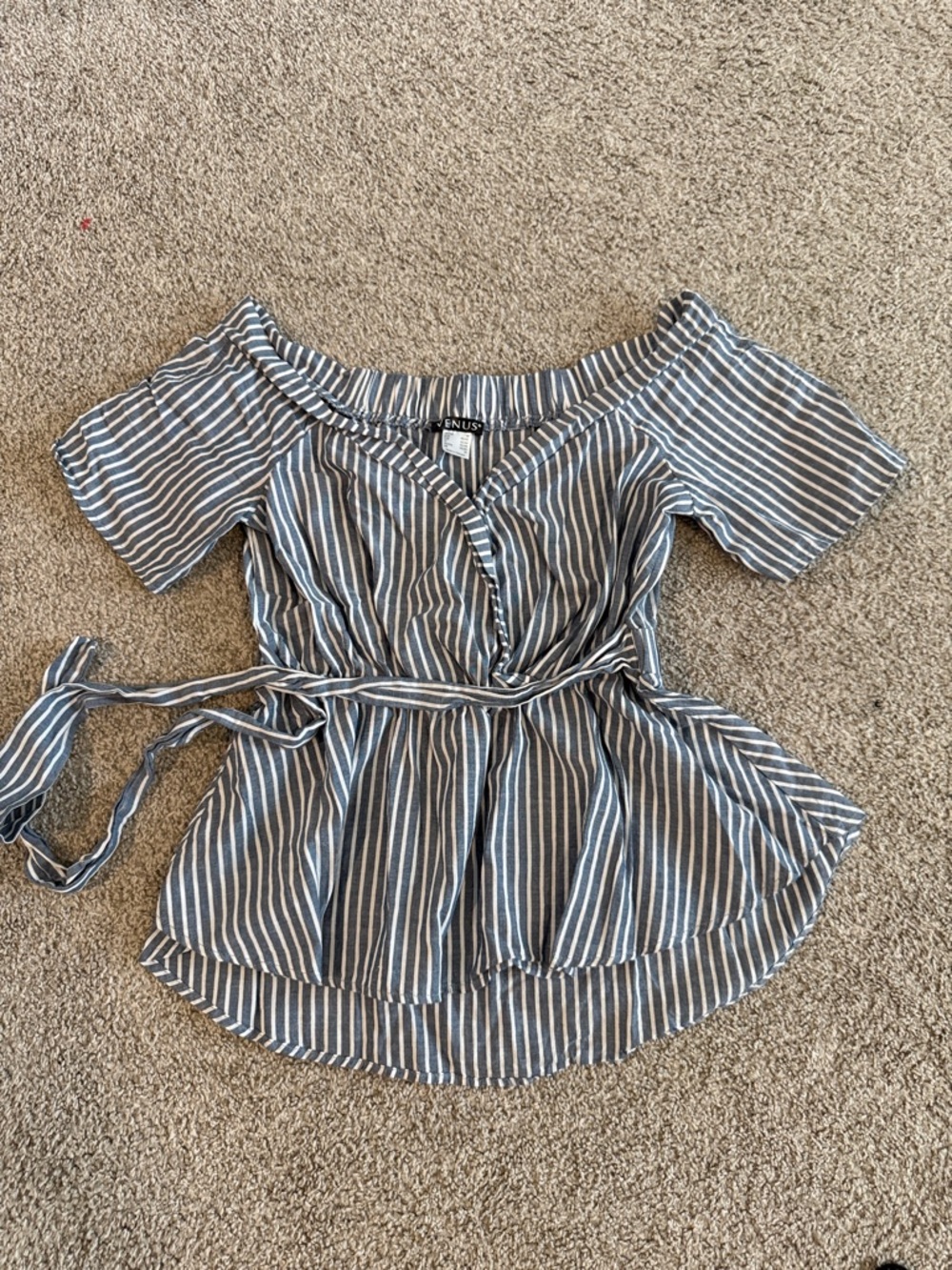 VENUS Blue and white Striped Off-Shoulder Wrap Blouse